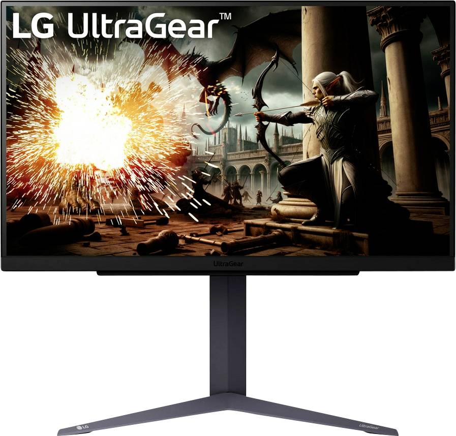 Ein 'LG UltraGear' Monitor zeigt eine Fantasy-Spielszene mit einem Elfen-Bogenschützen und einer feurigen Explosion und unterstreicht lebendige Farben und Action.