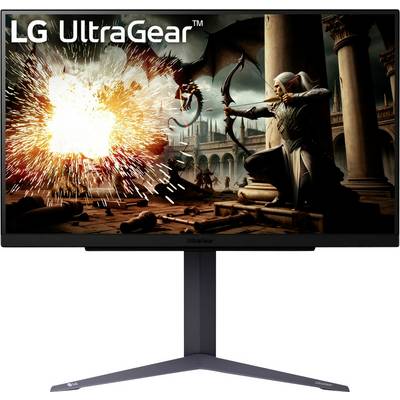 Ein 'LG UltraGear' Monitor zeigt eine Fantasy-Spielszene mit einem Elfen-Bogenschützen und einer feurigen Explosion und unterstreicht lebendige Farben und Action.