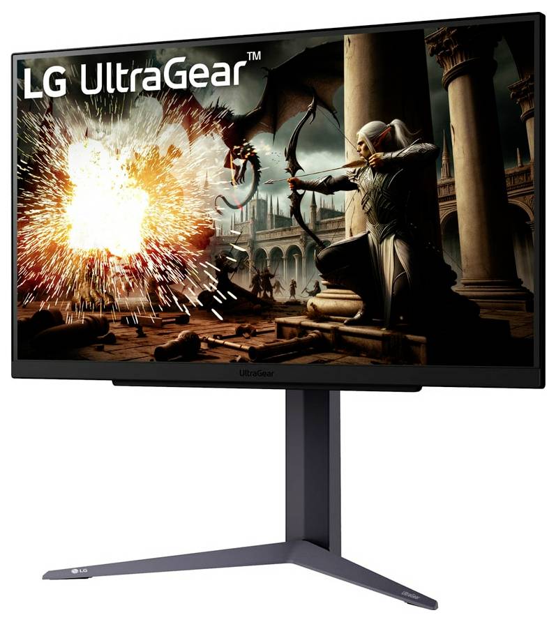 Ein Gaming-Monitor, der eine Actionszene mit einem Charakter zeigt, der inmitten von Explosionen und antiker Architektur einen Bogen und Pfeil abschießt.