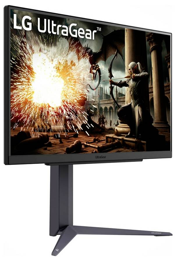 LG UltraGear-Monitor, der eine lebhafte Spielszene mit einem Bogenschützen zeigt, der inmitten einer Explosion in einem historischen Ambiente schießt.