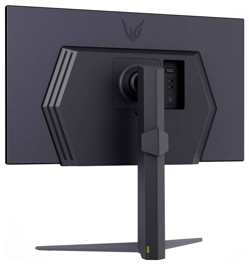 Gaming-Monitor von hinten, zeigt Anschlüsse und Standdesign.