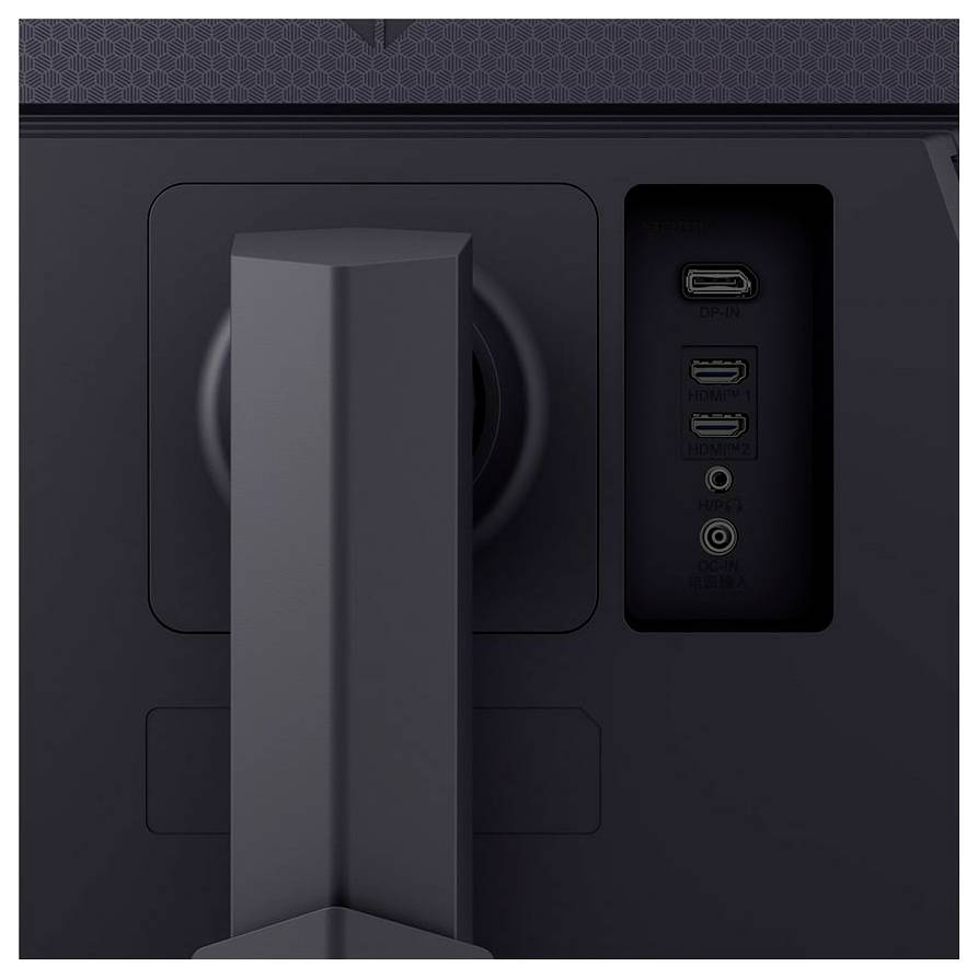 Rückseite eines Monitors, die einen Ständer und eine Anschlussblende mit einem HDMI-Anschluss, zwei USB-Anschlüssen und einer Stromverbindung zeigt.