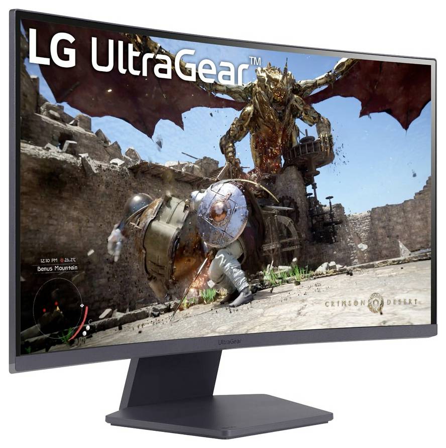 Ein Monitor, der eine Videospielszene mit einem Ritter zeigt, der einen großen Drachen in einer detaillierten mittelalterlichen Umgebung bekämpft. In der oberen Ecke ist 'LG UltraGear' zu sehen.
