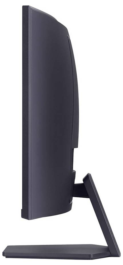 Eine Seitenansicht eines Computermonitors auf einem Ständer, die seinen dünnen Profil und sein schlankes Design zeigt.
