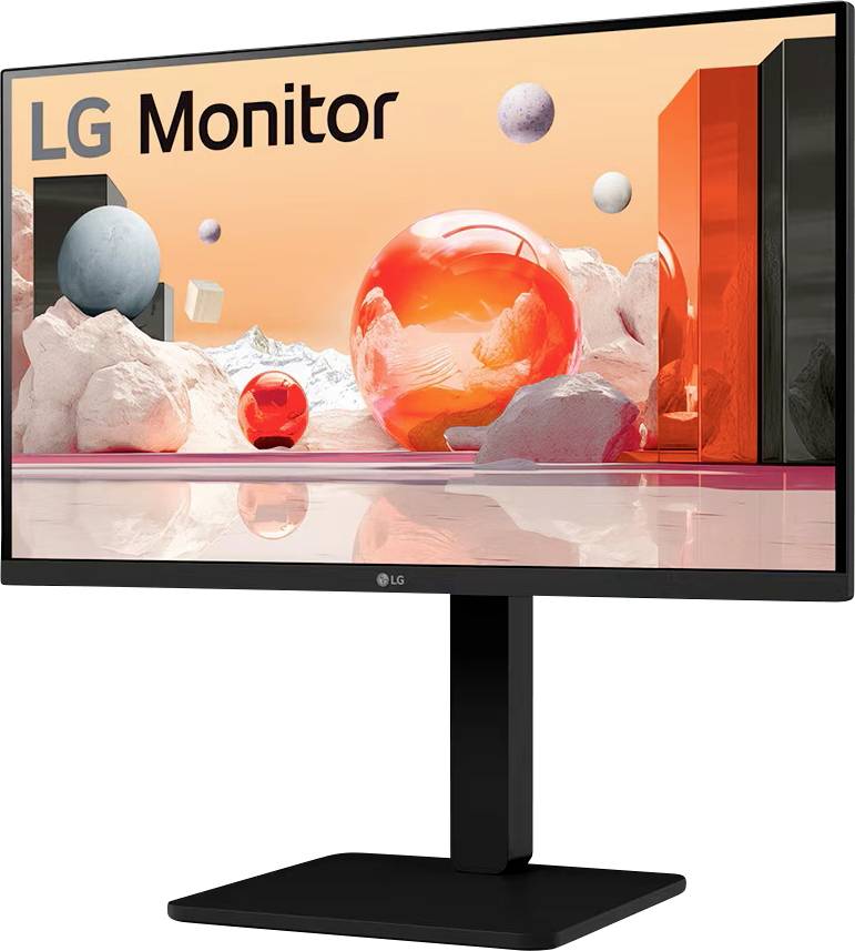 LG Monitor, der abstrakte rote und graue geometrische Formen und Kugeln in einem digitalen Kunststil mit einem eleganten, modernen Ständer präsentiert.
