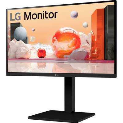 LG Monitor, der abstrakte rote und graue geometrische Formen und Kugeln in einem digitalen Kunststil mit einem eleganten, modernen Ständer präsentiert.