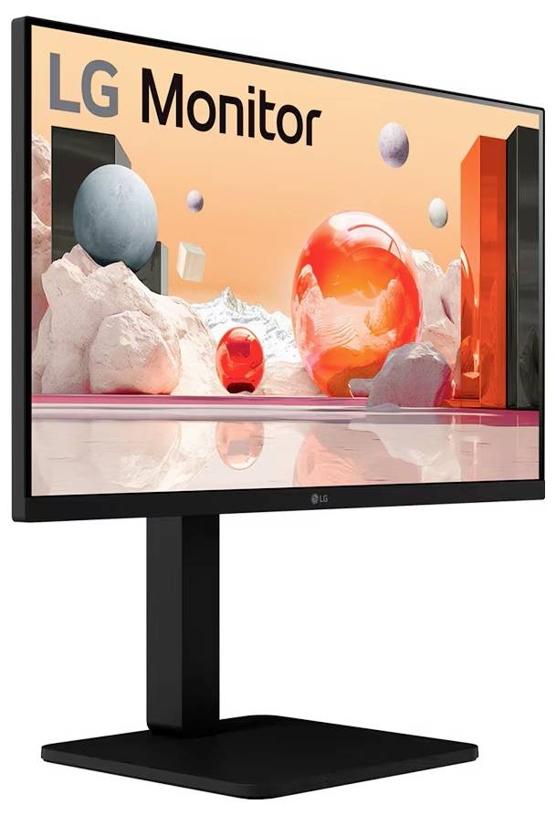LG-Monitor mit schmaler Einfassung, der abstrakte 3D-Formen wie Kugeln und Würfel in verschiedenen Farben auf orangefarbenem Hintergrund zeigt.