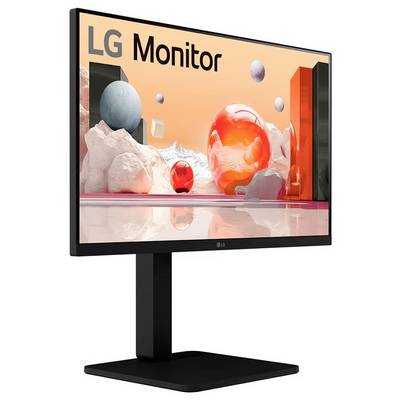 LG-Monitor mit schmaler Einfassung, der abstrakte 3D-Formen wie Kugeln und Würfel in verschiedenen Farben auf orangefarbenem Hintergrund zeigt.