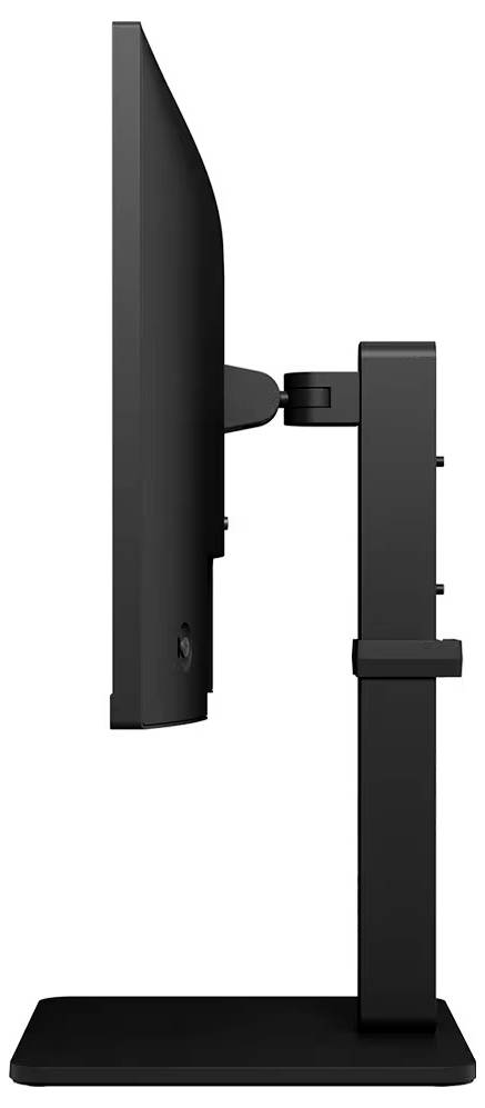 Seitenansicht eines schwarzen Computermonitors mit verstellbarem Ständer, der seine dünne Profileigung und ergonomischen Unterstützungseigenschaften veranschaulicht.