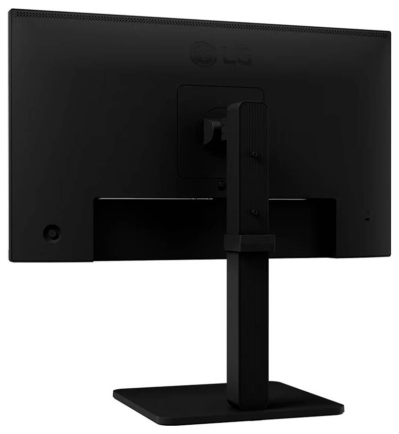Ein schwarzer Computermonitor, von hinten betrachtet, mit einem robusten, verstellbaren Ständer.