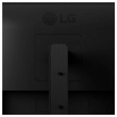 Das Bild zeigt die Rückansicht eines LG-Monitors mit einem strukturierten Ständer und dem LG-Logo, das im oberen Bereich des Bildschirms sichtbar ist.