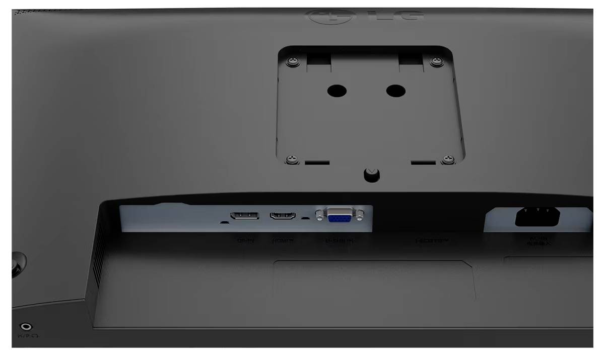 Die Rückseite eines Monitors mit HDMI-, VGA- und Stromanschlussports. Befestigungspunkte für die Halterung sind oberhalb der Anschlüsse sichtbar.