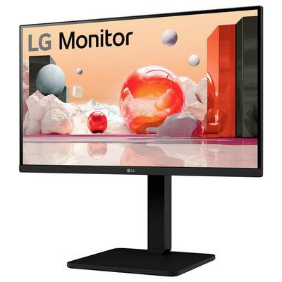 Ein Monitor, der eine digitale Kunstarbeit mit abstrakten Kugeln und geometrischen Formen zeigt, mit dem Text 'LG Monitor' in der oberen linken Ecke.
