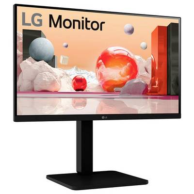 LG-Monitor auf dem Bildschirm mit abstrakter Kunst, die schwebende Kugeln und geometrische Formen vor einem Verlaufshintergrund zeigt.