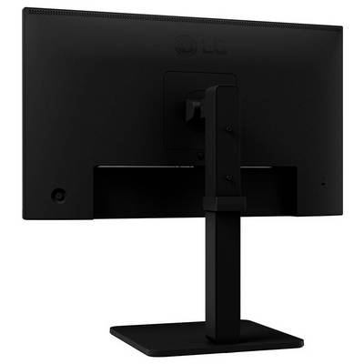 Ein schwarzer Computermonitor, von hinten betrachtet, der seinen verstellbaren Ständer und das Rückpanel mit einem dezenten Logoaufdruck zeigt.