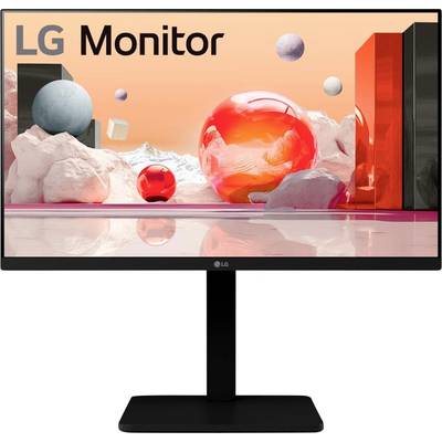 LG Monitor mit einem 3D-abstrakten Design, das rote und graue Kugeln und Würfel zeigt, vor einer futuristischen Landschaftskulisse.