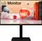 LG Monitor mit einem 3D-abstrakten Design, das rote und graue Kugeln und Würfel zeigt, vor einer futuristischen Landschaftskulisse.
