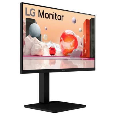Ein Computermonitor, der eine farbenfrohe abstrakte Szene mit Kugeln, Würfeln und schwebenden Formen zeigt. Der Bildschirm weist die Markierung 'LG Monitor' auf.