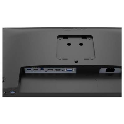 Das Bild zeigt das Rückpanel eines Monitors mit mehreren Anschlüssen. Zu den Anschlüssen gehören HDMI, VGA, USB und DisplayPort. Über den Anschlüssen ist eine Befestigungshalterung zu sehen.