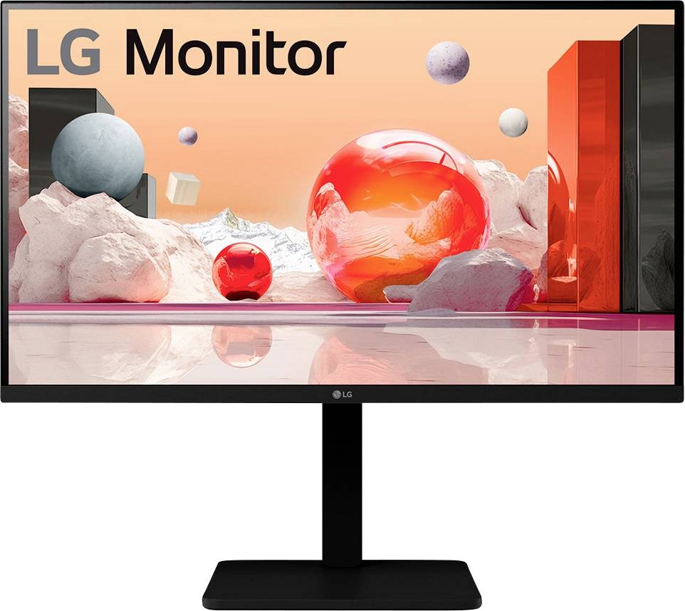 LG Monitor-Display mit farbenfrohen abstrakten 3D-Kugeln und Strukturen, die beeindruckende visuelle Fähigkeiten demonstrieren.