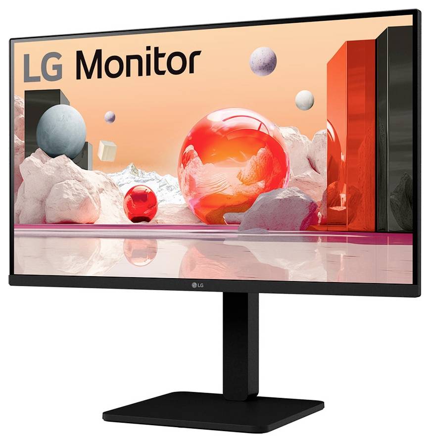 LG-Monitor, der ein lebendiges abstraktes Design mit roten und rosa Kugeln und Würfeln auf dem Bildschirm zeigt.