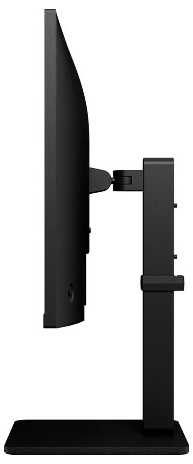 Eine Seitenansicht eines schwarzen Computermonitors auf einem Ständer, die sein schlankes Design und den verstellbaren Neigungsmechanismus vor einem weißen Hintergrund hervorhebt.