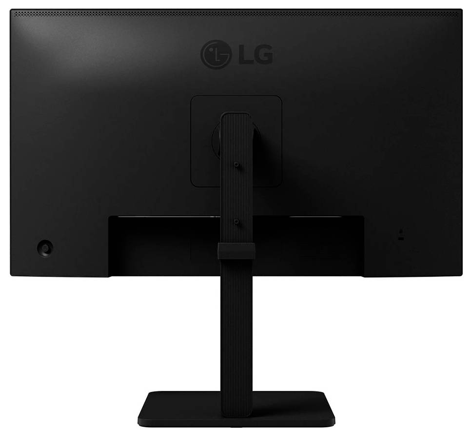 Das Bild zeigt die Rückseite eines LG-Computermonitors mit einem Ständer, der eine strukturierte Oberfläche und ein schlichtes Design aufweist.