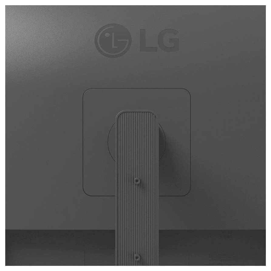 Rückansicht eines Monitors mit LG-Logo, ausgestattet mit einem mittig angebrachten, verstellbaren Ständer.
