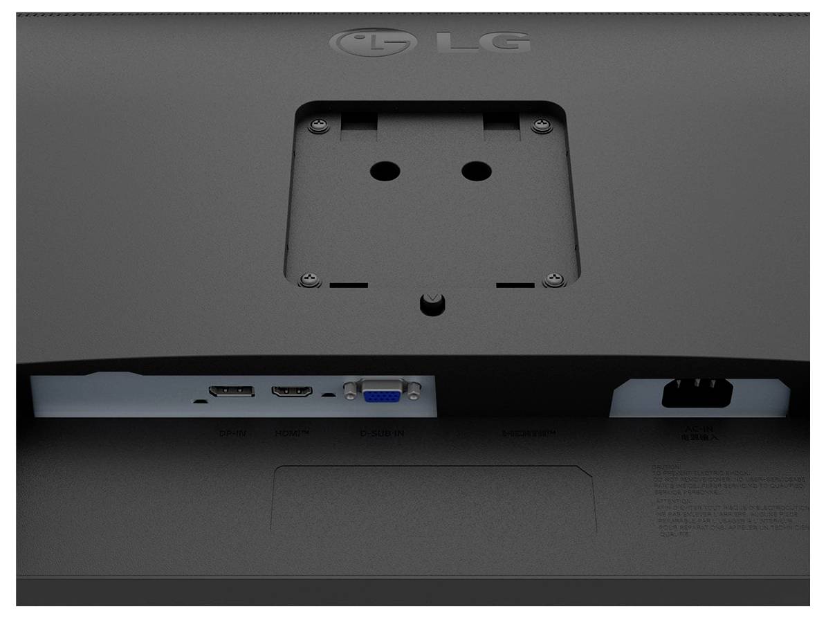 Rückseite eines LG-Monitors mit Anschlüssen: 2 HDMI, 1 VGA und Stromanschluss, unter einem Montagebügel.