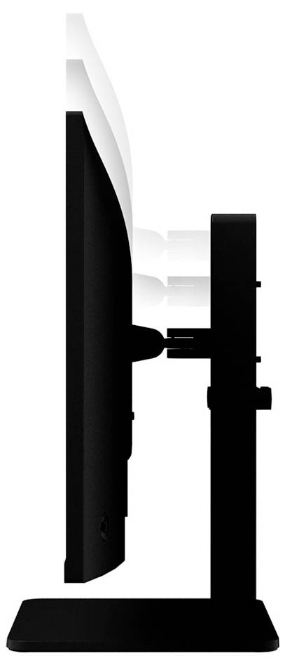 Seitenansicht eines schlanken, modernen Computermonitors auf einem Ständer, der sein elegantes Design und sein dünnes Profil hervorhebt.