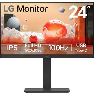 Ein 24-Zoll LG Monitor-Display mit Full HD 1920x1080 Auflösung, IPS-Panel, 100 Hz Bildwiederholrate und USB Typ-C Anschluss.