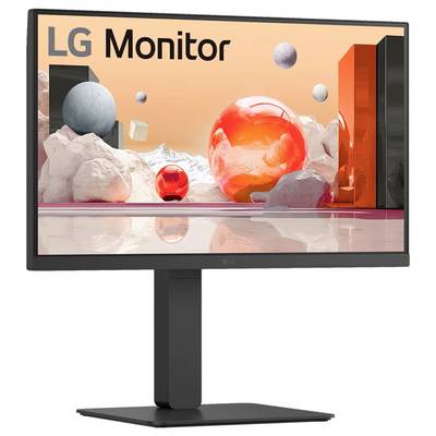 Ein Computermonitor, der ein digitales Kunstwerk zeigt, das schwebende Kugeln und geometrische Formen in Orange- und neutralen Tönen präsentiert.