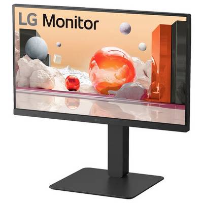Ein Computermonitor, der ein digitales Kunstwerk mit schwebenden Kugeln und geometrischen Formen vor einem orangefarbenen Himmel zeigt, beschriftet mit 'LG Monitor'.