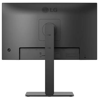 Ein schwarzer LG-Monitor, von hinten betrachtet, mit vertikaler Standfläche und minimalistischem Design, ideal für einen eleganten, modernen Arbeitsplatz.