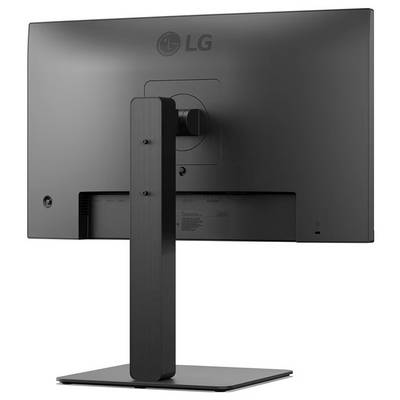 Ein schwarzer LG-Computermonitor von hinten betrachtet, mit einem höhenverstellbaren Ständer und einem schlanken Design, geeignet für den Bürogebrauch.