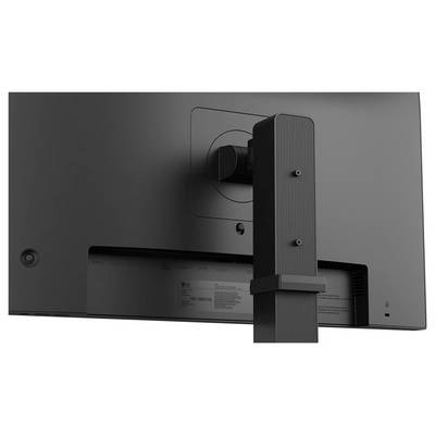 Rückansicht eines schwarzen Computermonitors auf einem Ständer, der sein elegantes Design und den verstellbaren Befestigungsmechanismus zeigt.