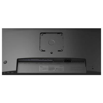 Das Bild zeigt die Rückseite eines LG-Monitors mit verschiedenen Anschlüssen, einem Netzteilanschluss und einem Befestigungshalterungsbereich, der Konnektivitätsoptionen anzeigt.