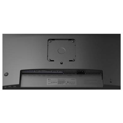 Rückansicht eines Monitors, der Anschlüsse einschließlich HDMI, USB und Stromeingang zeigt. Wandhalterung sichtbar, kein Ständer angeschlossen.