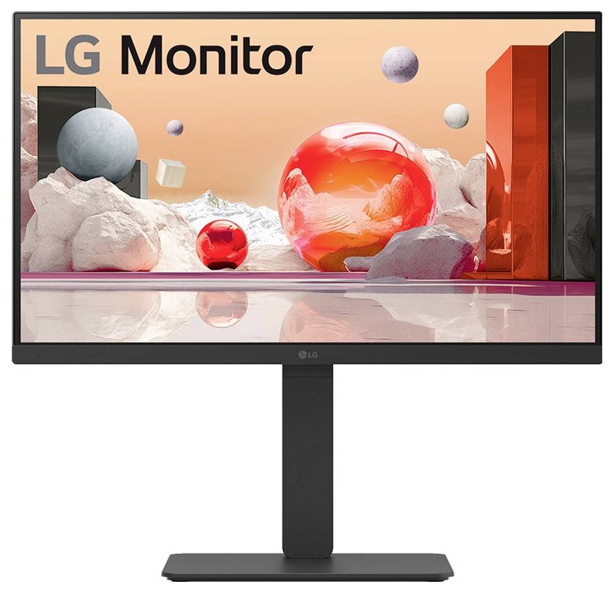 Ein Monitor, der eine futuristische Landschaft mit roten Kugeln, Würfeln und Bergen zeigt, mit der Beschriftung 'LG Monitor' in der oberen linken Ecke.