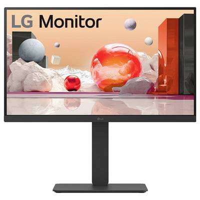 Ein Monitor, der eine futuristische Landschaft mit roten Kugeln, Würfeln und Bergen zeigt, mit der Beschriftung 'LG Monitor' in der oberen linken Ecke.