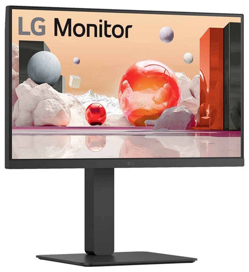 LG-Monitor mit modernem Design und künstlerischem Hintergrund aus schwebenden Kugeln und geometrischen Formen.