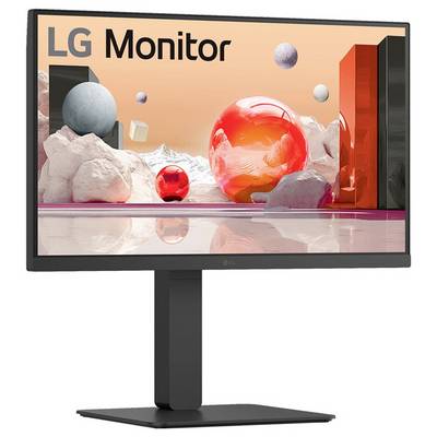 LG-Monitor mit modernem Design und künstlerischem Hintergrund aus schwebenden Kugeln und geometrischen Formen.