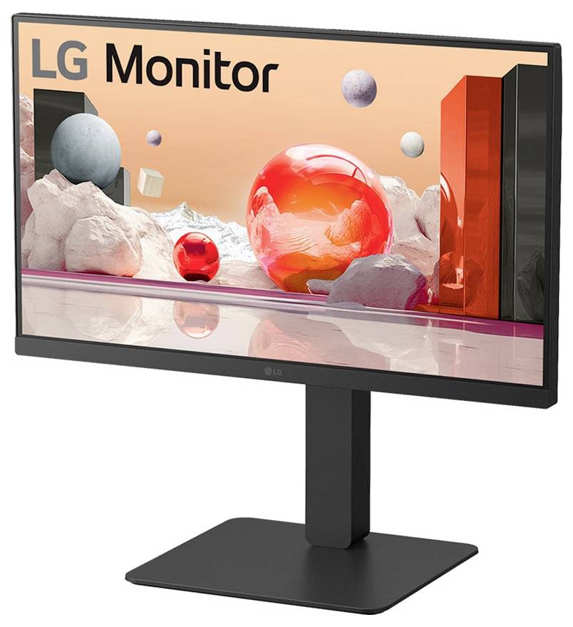 Ein Computermonitor, der "LG Monitor" anzeigt, vor einem Hintergrund von leuchtend bunten Kugeln und geometrischen Formen auf einer reflektierenden Oberfläche.