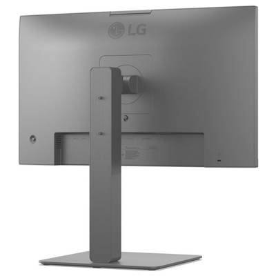 LG-Monitor von hinten auf einem Ständer, der ein schlankes, modernes Design mit klaren Linien und Kabelmanagement-Funktionen zeigt.