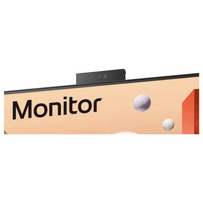 Ein Computermonitor mit einer Webcam oben drauf und einem Bildschirm, der schwebende Kugeln auf einem pfirsichfarbenen Hintergrund zeigt.