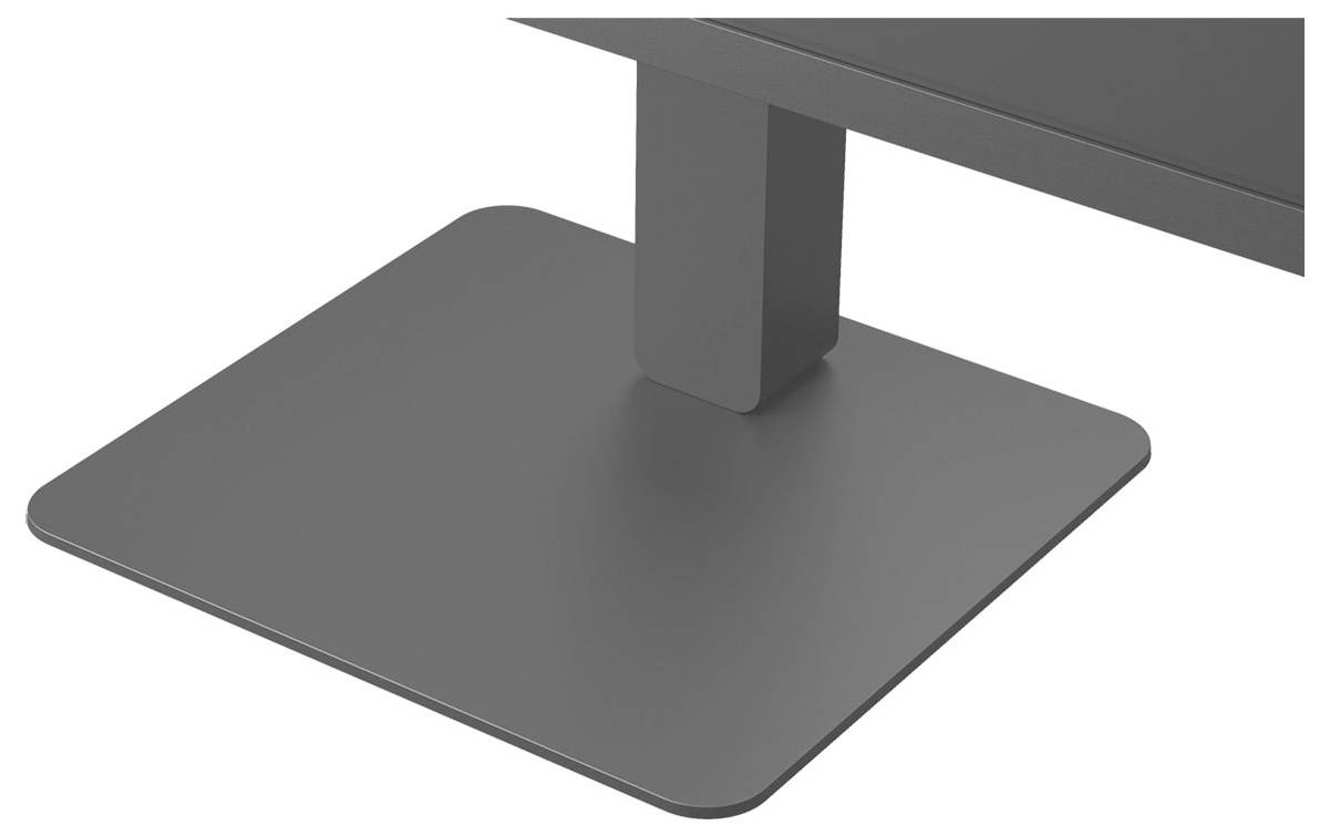 Eine rechteckige, flache schwarze Basis unterstützt einen vertikalen Ständer und deutet auf ein Monitor- oder TV-Standdesign hin.