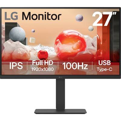LG Monitor, 27 Zoll, IPS, Full HD 1920x1080, 100Hz, USB Typ-C, dargestellt über einem abstrakten roten und weißen sphärischen Designhintergrund.