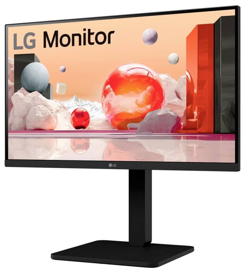 LG-Monitor zeigt eine farbenfrohe abstrakte Szene mit großen glänzenden Kugeln und geometrischen Formen vor einem pfirsichfarbenen Himmel.