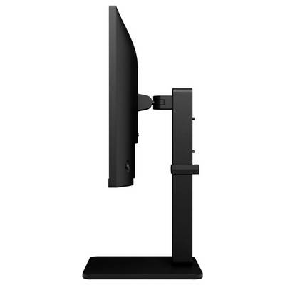Ein Seitenprofil eines schwarzen Computermonitors auf einem Ständer, der sein schlankes Design und die Höhenverstellbarkeit präsentiert.