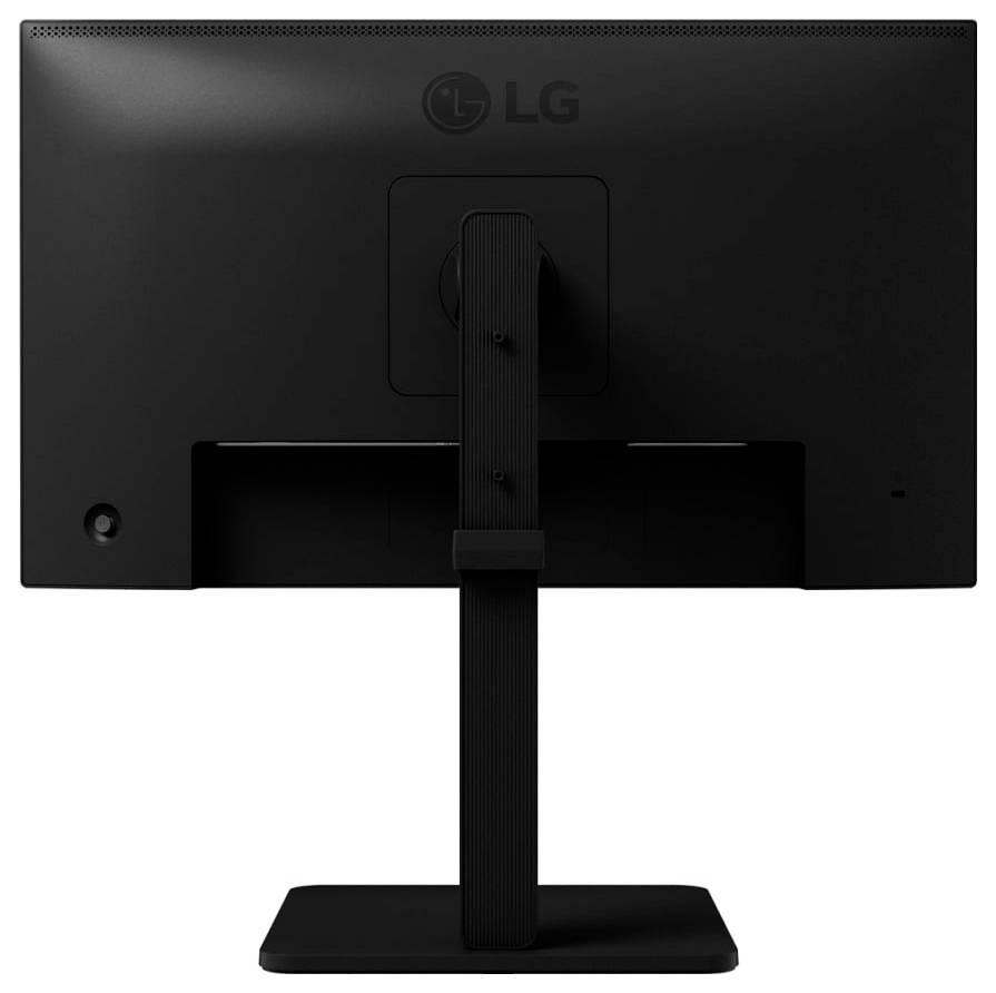 Rückansicht eines LG-Computermonitors auf einem Ständer, mit clearem, minimalistischem Design und matter schwarzer Oberfläche.